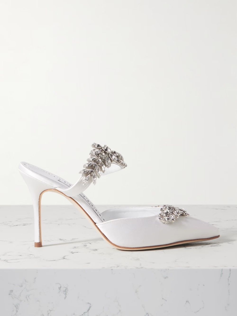 Manolo Blahnik White Lurum 90 crystal-embellished satin mules - Picture 2 of 15